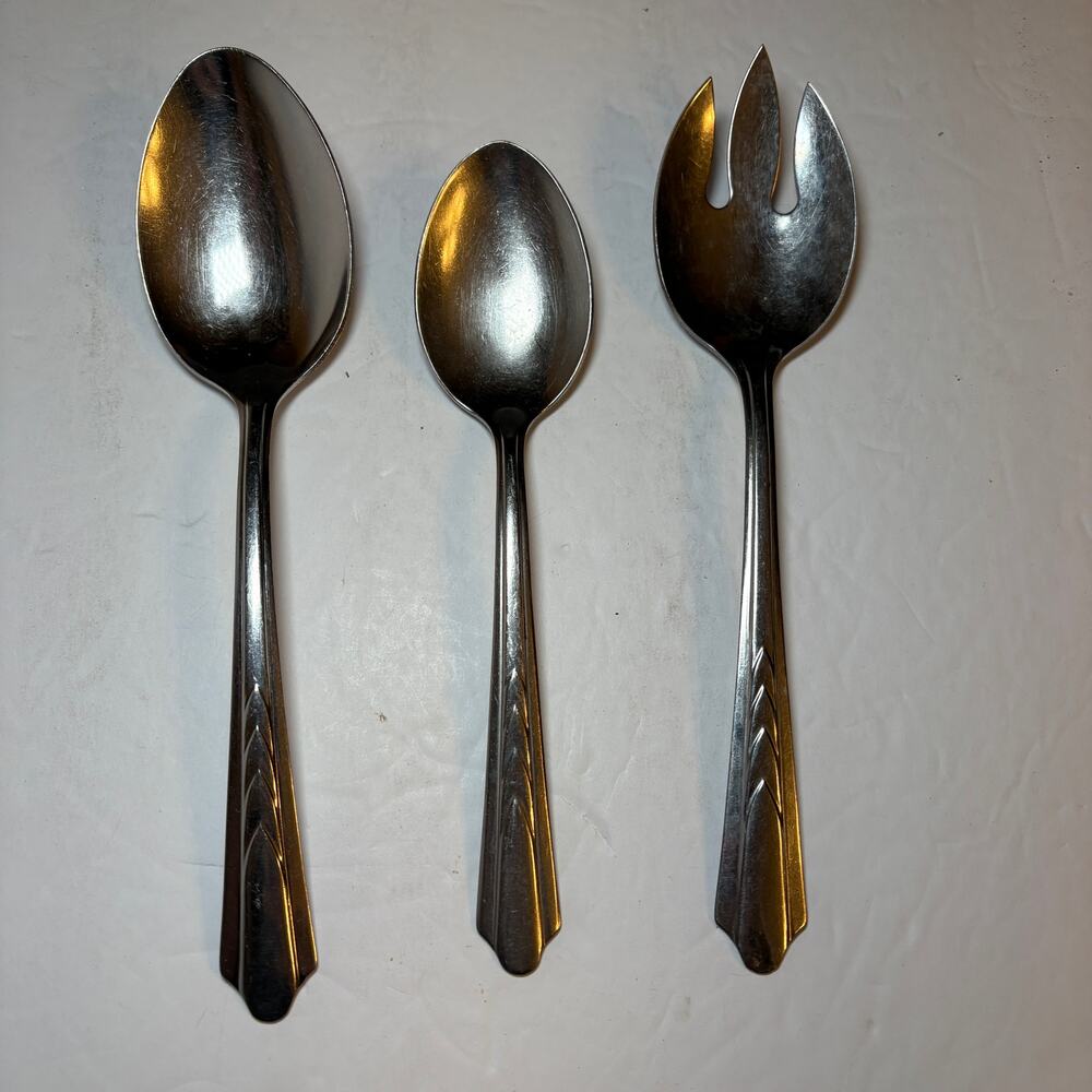 Vintage Ekco Stainless Flatware Set Spoons & 3-Pronged Serving Fork 3 pc